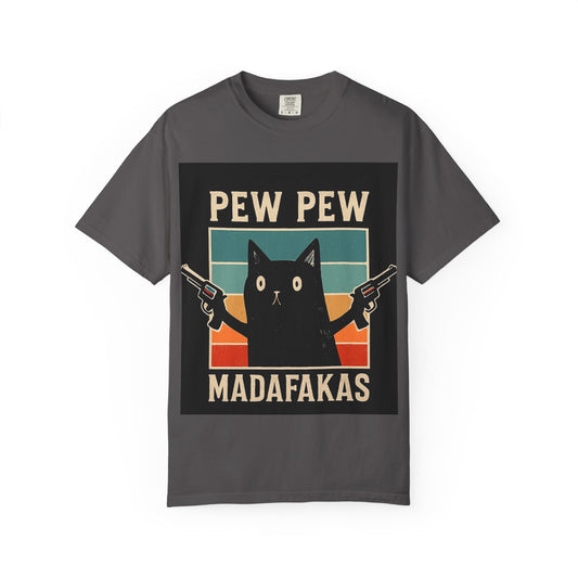 Funny Cat Gun T-Shirt, Pew Pew Madafakas Tee, Unisex Graphic Shirt, Humor Apparel, Gift for Cat Lovers, Quirky Fashion