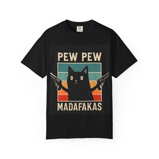 Funny Cat Gun T-Shirt, Pew Pew Madafakas Tee, Unisex Graphic Shirt, Humor Apparel, Gift for Cat Lovers, Quirky Fashion